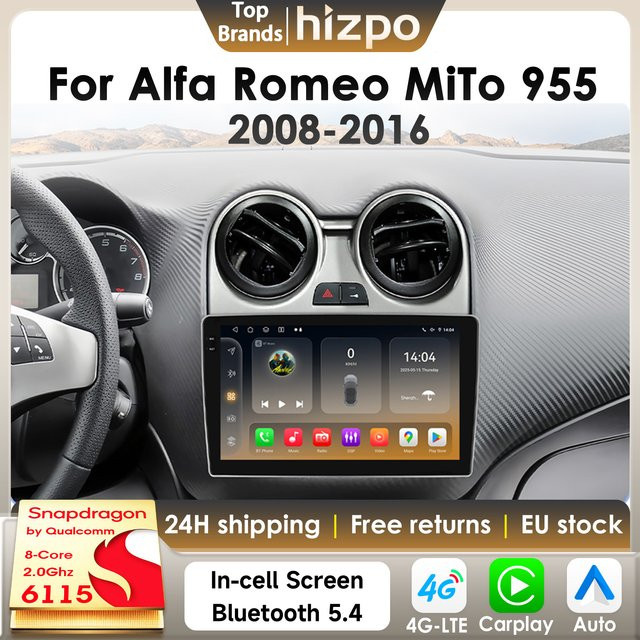 Hizpo 2Din Android 14 Autoradio für Alfa Romeo MiTo 955 (2008-2016) mit GPS, 4G und Carplay in Schwarz - Bild 1