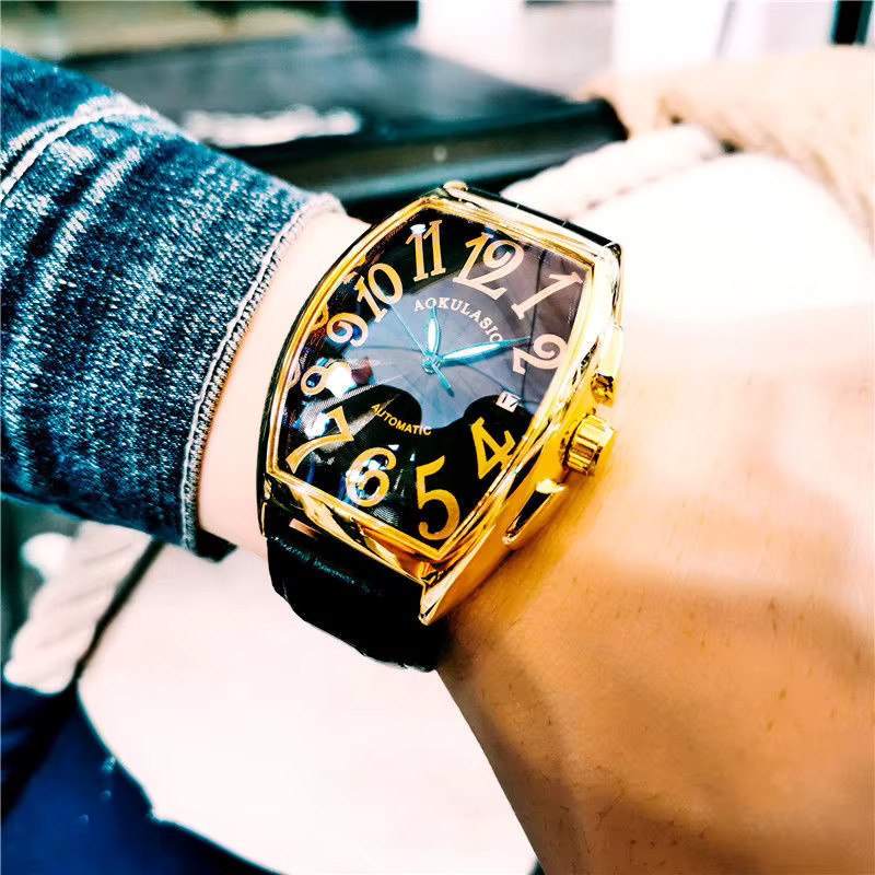 AOKULASIC Armbanduhr, mechanisch, Tonneau, Gold, Leder, Herren - Bild 1