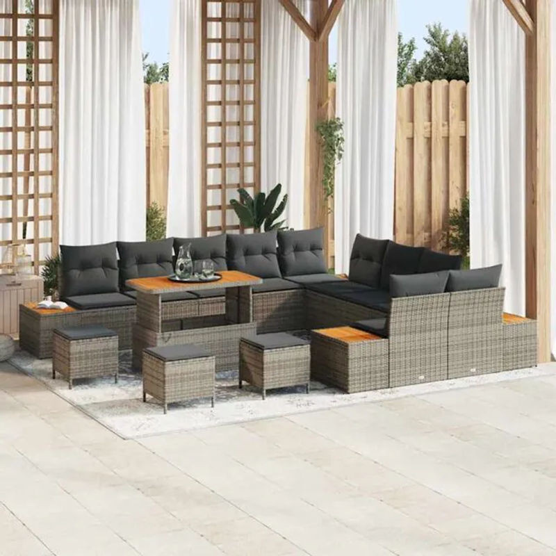 vidaXL Garten-Sofa-Set aus Poly-Rattan mit 14 Kissen in Grau - Bild 1