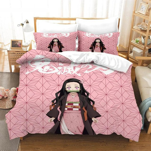 Nezuko Kamado Bettwäsche Set Demon Slayer Anime Design, 3-teilig, Farbe: Pink, B/H: 135 x 200 cm - Bild 1