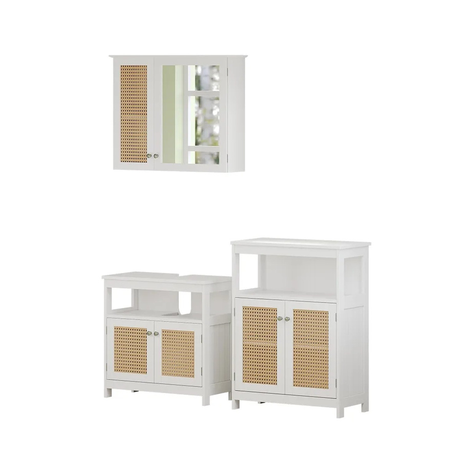 Vicco Badmöbel-Set Rosario in Weiß mit Spiegelschrank, Waschtischunterschrank und Sideboard aus Spanplatte mit Rattangeflecht - Bild 2
