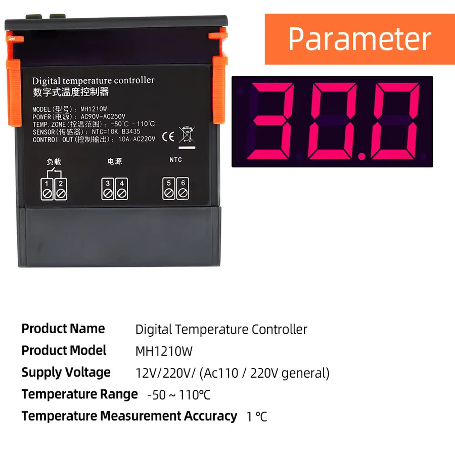 Digitaler Temperaturregler MH1210W von JUANJUAN in Schwarz mit Sensor für DC12V 24V und AC110-220V Messbereich -50 bis 110 °C - Bild 3