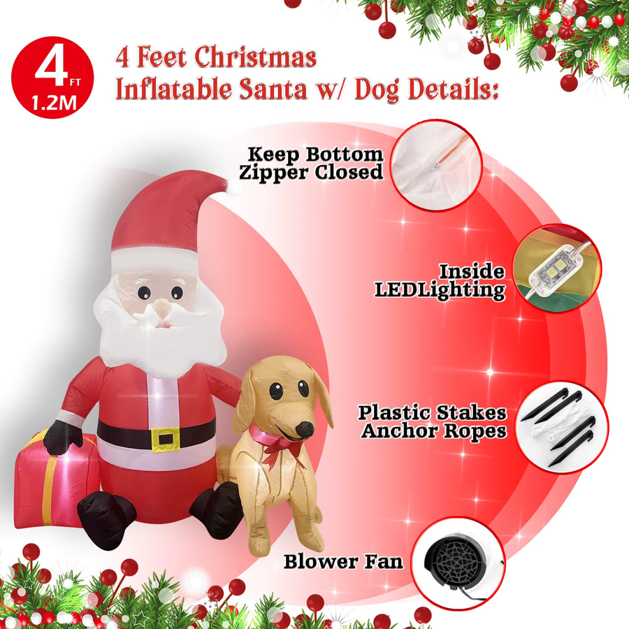 Aufblasbarer Weihnachtsmann mit LED-Hund von WAYDEKO, rote Dekoration für den Außenbereich, Höhe: 120 cm - Bild 2