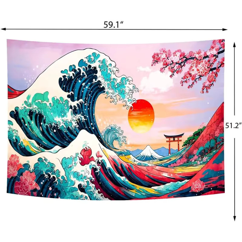 VIKAMA Wandteppich Große Welle im japanischen Kanagawa-Stil mit Kirschblüten, Mehrfarbiger Wandbehang für dein Schlafzimmer, B/H: 60 x 40 cm - Bild 5
