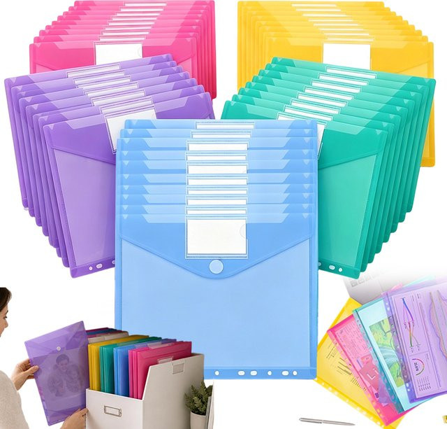 50er-Pack transparente Kunststoff-Dokumententaschen für A4 mit Klebeschnappverschluss und Etikettenfächern - Bild 1