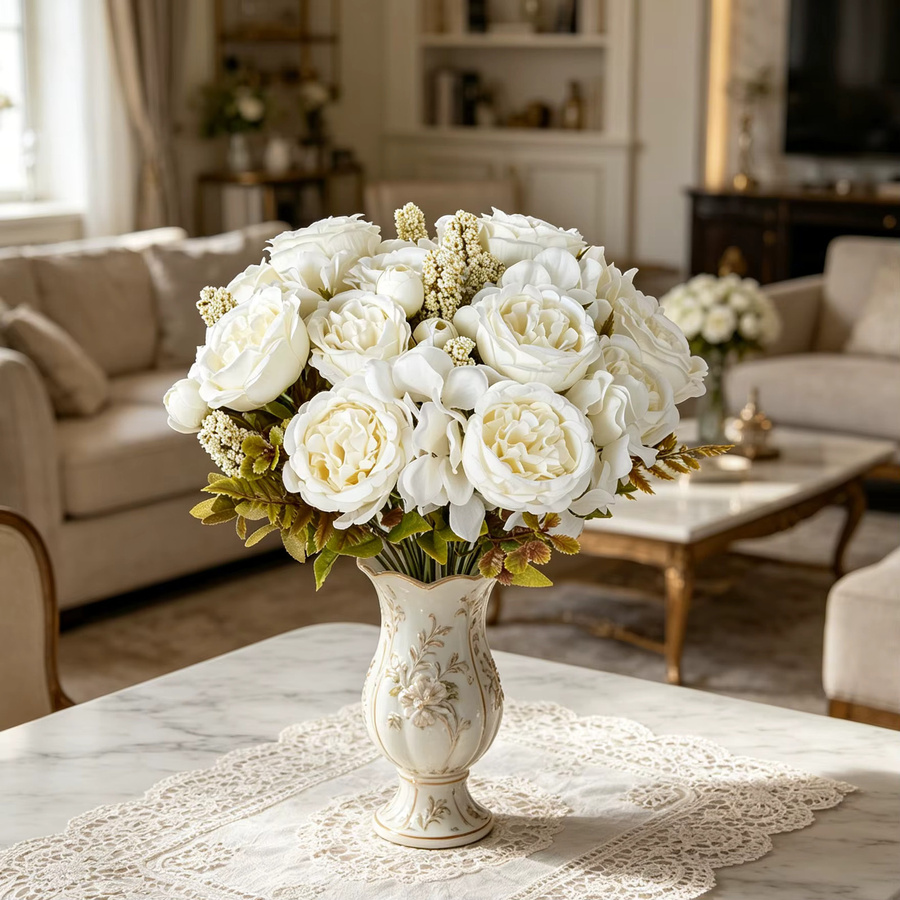 TTCY Künstliche Seidenblumen Set aus Hortensien und Pfingstrosen in Weiß für Tischdekoration und DIY-Geschenke - Bild 1