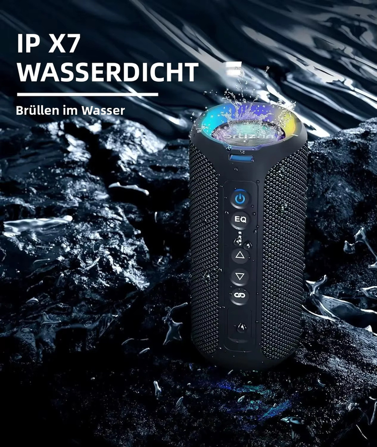 Ortizan Kabelloser Tragbarer Bluetooth-Lautsprecher mit 40W, IPX7 Wasserdicht, RGB-Beleuchtung und Tiefem Bass in Schwarz oder Blau - Bild 4
