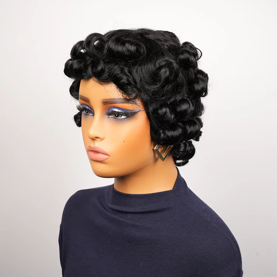 OYM HAIR Egg Curl Pixie Cut Perücke, Echthaar, Naturschwarz - Bild 4