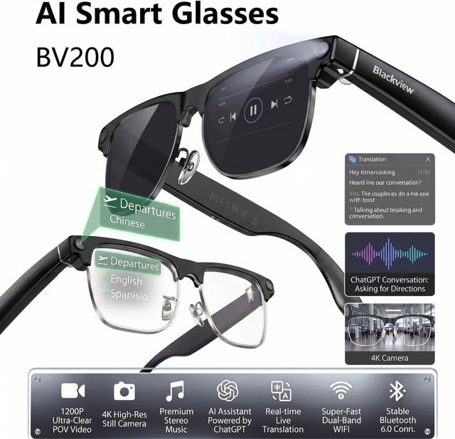 Blackview BV200 KI-Smart-Brille in Schwarz mit 4K HD Kamera, Bluetooth-Anruf, KI-Übersetzung und Sprachassistent - Bild 1