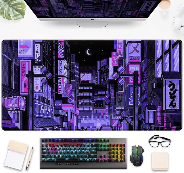 Tokyo Street Purple Neon Pixel Mauspad – Retro japanische Anime Schreibtischunterlage für Gaming und ästhetische Dekoration in Lila - Bild 1
