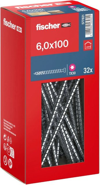 Fischer Holzbauschraube Zylinderkopf TX Vollgewinde Silber Durchmesser: 6 mm, Länge: 100 mm, 32 Stück - Bild 1