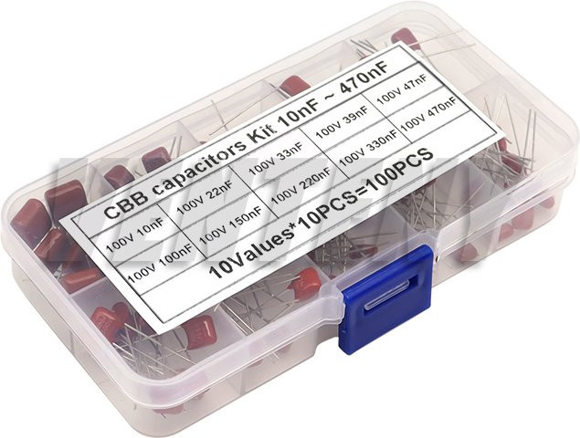 VENTENY CBB Polyesterfolienkondensator Sortiment-Kit, 100 Stück, 100 V, 10 Werte von 10 nF bis 0,47 UF, Farbe: rot - Bild 1