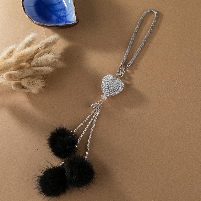 NATAWA Rückspiegel-Anhänger, Liebesherz, rosa Plüschball, Strasssteine, Unisex - Bild 1