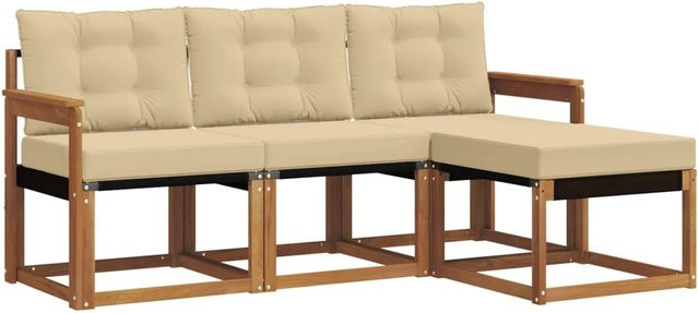 vidaXL Outdoor-Sofagarnitur 4-teilig L-Form aus Akazienholz und Textilene in Natur und Beige mit abnehmbaren Kissen - Bild 1