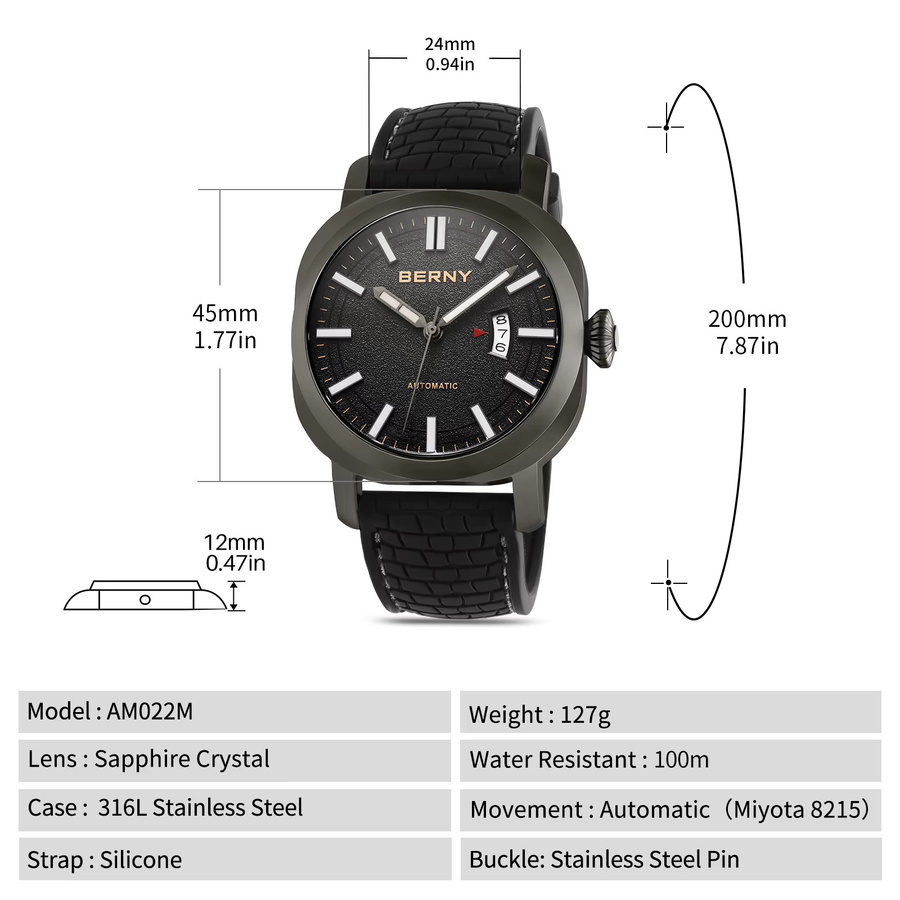 BERNY Armbanduhr Automatik, Edelstahl, Silikon, Schwarz, Herren - Bild 5
