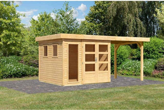 Karibu Gartenhaus Maradi mit Anbaudach aus Massivholz Fichte, naturbelassen, B/T/H: 211 x 238 x 242 cm - Bild 1