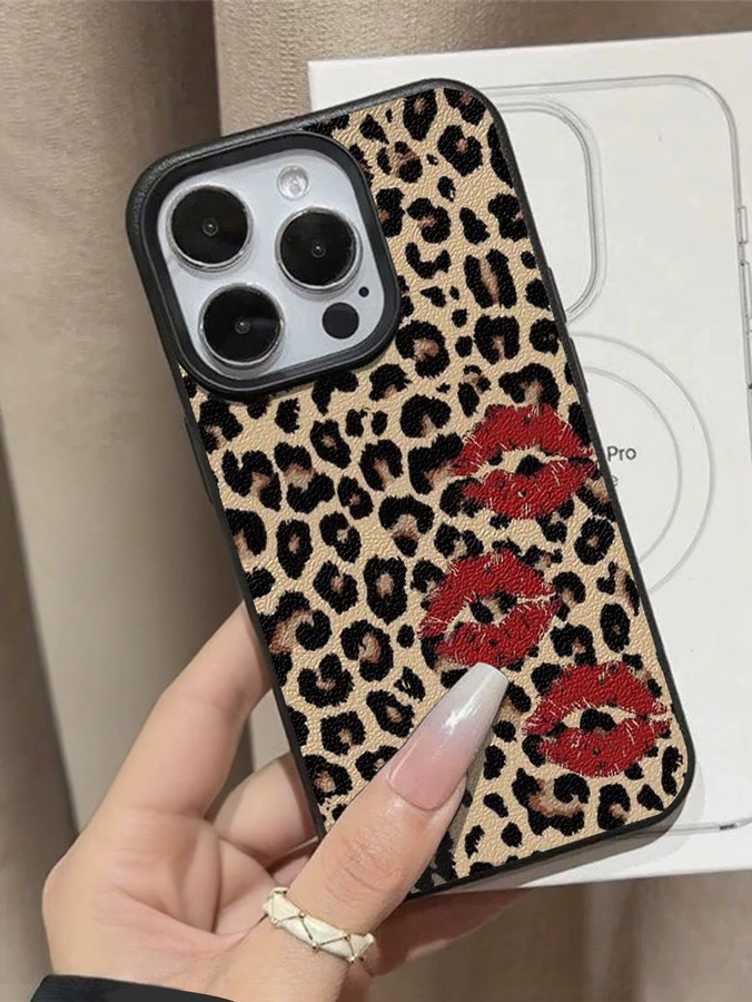 Handyhülle mit Leopardenmuster und Lippenabdruck-Design in Schwarz und Multicolour für Apple iPhone 17, 16, 15 Serien (Plus, Pro, Max) mit Lychee-Textur und Anti-Sturz-Schutz - Bild 2