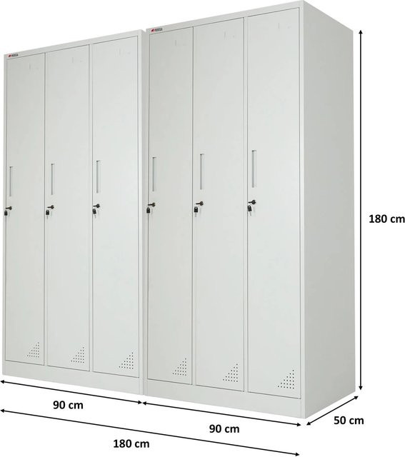 PROREGAL Spindschrank ELEPHANT Set aus 2 Stück, Lichtgrau, Metall, 3 Abteile pro Schrank mit Kleiderstange und Kleiderhaken, B/T/H: 90 x 50 x 180 cm - Bild 1