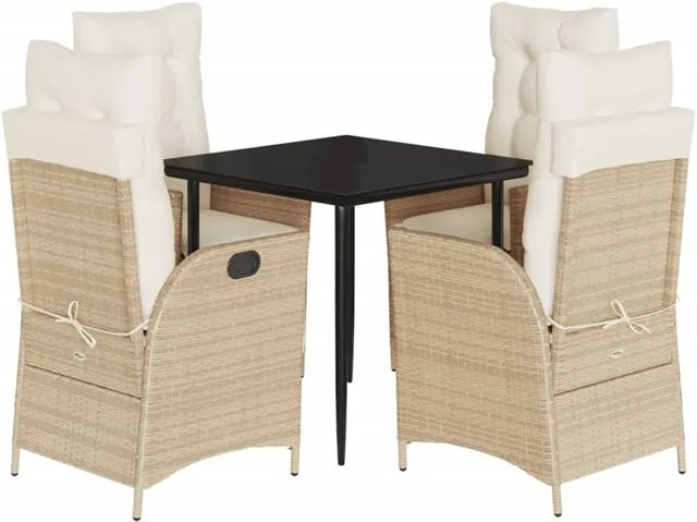 vidaXL 5-teilige Garten-Essgruppe aus Poly Rattan mit Kissen in Beige und Cremeweiß und Tisch aus gehärtetem Glas - Bild 1