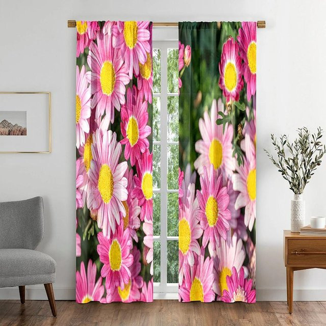 Yiran Furniture Verdunkelungsvorhänge mit Gänseblümchen-Motiv in Pink, zweigeteilt, Breite: 55 cm, Höhe: 120 cm - Bild 1