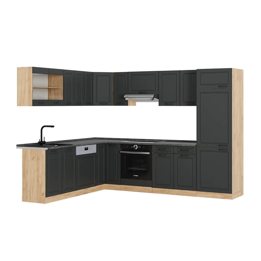 Vicco R-Line Eckküche Landhausstil in Anthrazit und Eiche mit Goldkraft-Optik, B/T/H: 227 x 287 x 207 cm - Bild 2