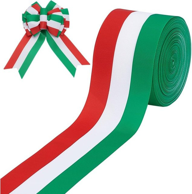 Tibbon Ripsband mit italienischem Flaggenmuster in Rot, Weiß und Grün, Polyester, Breite: 6,35 cm, Länge: 18,29 m - Bild 1