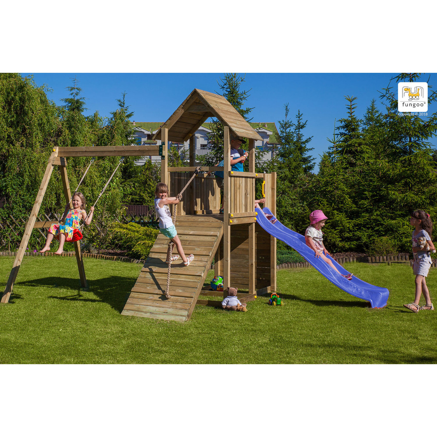 Fungoo Spielturm Carol 3 Klettergerüst mit Rutsche, Schaukel, Kletterwand und Holzdach in Natur - Bild 2