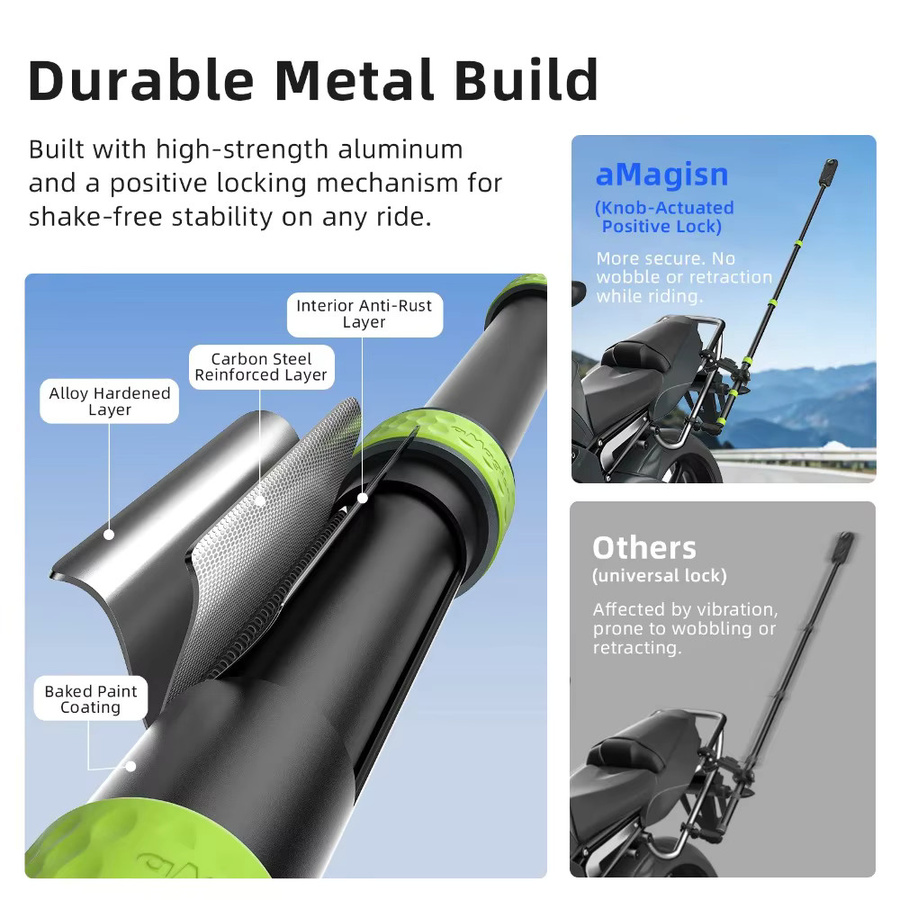aMagisn Motorrad-Selfie-Stick für GoPro DJI Insta360, unsichtbare Teleskopstange mit 1/4 Zoll Anschluss, Schwarz, Länge: 1,5 m oder 1,1 m - Bild 2