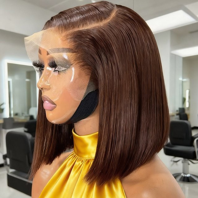 HJ WEAVE BEAUTY Bob-Perücke, Echthaar, Schokoladenbraun, 250 Dichte, Unisex - Bild 1