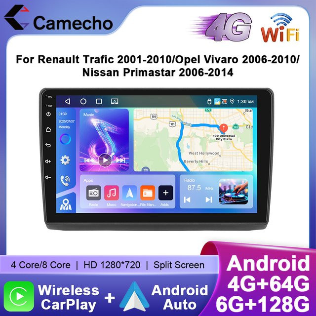 Camecho Autoradio mit CarPlay und Android Auto für Renault Trafic 2001–2010, Opel Vivaro 2006–2010 und Nissan Primastar 2006–2014 in Schwarz mit GPS, WiFi und 4G - Bild 1
