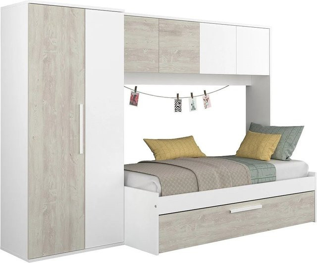 Lumoka Ausziehbett mit Schrank und Schubladen in Weiß und Naturfarben, B/T/H: 298,4 x 80–90 x 190/200 cm - Bild 1