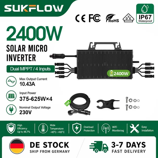 Sukflow Mikro-Wechselrichter 2400W mit 4 MPP und Monitor, Plug & Play Solar-Wechselrichter in Schwarz - Bild 1