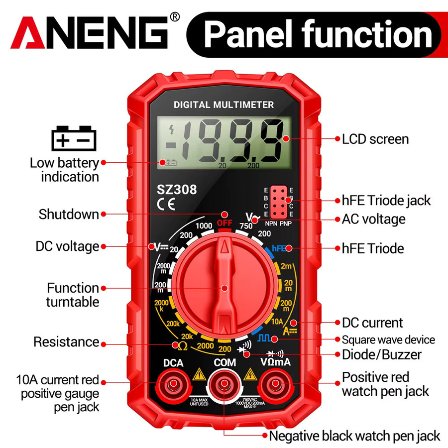 Digitales Multimeter ANENG SZ308 in Schwarz zur Messung von AC/DC Strom, Spannung und Widerstand mit LCD-Hintergrundbeleuchtung und Rechteckwellen-Testfunktion - Bild 5