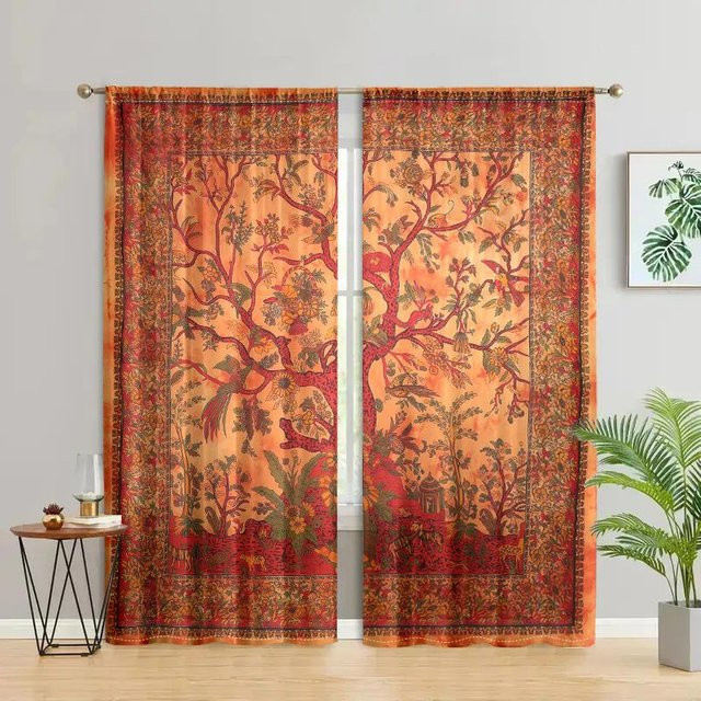 2 Stück semi-transparente Bohème-Vorhänge mit Lebensbaum-Motiv in modernem floralem Design, Breite: 150 cm, Höhe: 166 cm - Bild 1