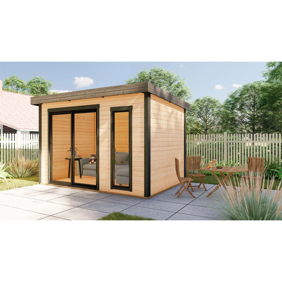 Finn Art Blockhaus Sydney 51 Gartenhaus aus Holz mit Flachdach und Schiebetür, Farbe Braun, B/T: 360 x 365 cm, Wandstärke: 28 mm, Fußbodenstärke: 18 mm - Bild 2