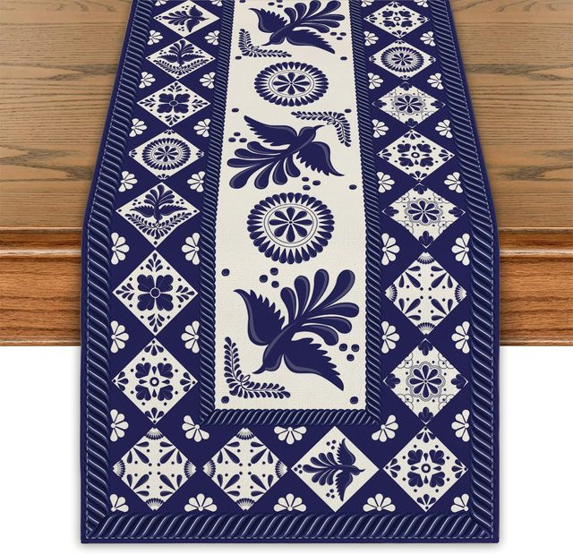 JINGYUE Pet Talavera Blumenvogel Tischläufer aus Leinen in Blau, B/H: 150 x 33 cm - Bild 1