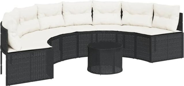 vidaXL Gartensofa halbrund aus schwarzem PE-Rattan mit Tisch und Kissen aus wetterbeständigem Polyester - Bild 1