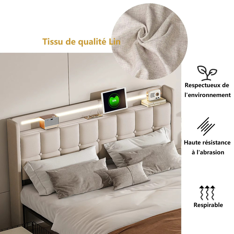 Rosahqnda Doppelbett mit LED, USB und 4 Schubladen, gepolstertes Stauraumbett aus Leinen in Beige - Bild 4