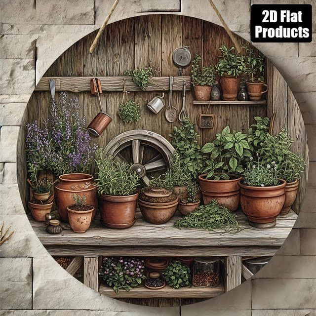 Home Relaxation Rustikales Wandkunstschild aus Holz mit Topfpflanzen-Design, rund, Durchmesser: 20,3 cm - Bild 1