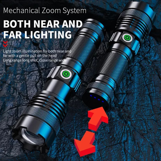 ESMARTER LED-Taschenlampe mit 100000 Lumen, wasserdichte Langstrecken-Scheinwerfer mit USB-Aufladung und eingebautem Akku, Schwarz - Bild 1