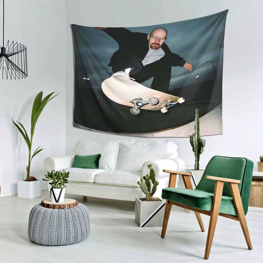 VIKAMA Wandteppich im Retro-Skateboard-Design, weiß und mehrfarbig, abstrakte Fotografie als Wanddekoration für dein Wohnzimmer oder Sofa - Bild 3