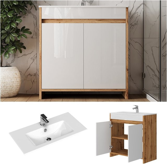 Vicco Waschbecken mit Unterschrank Lemgo Bad-Set aus Eiche und Keramik in Weiß, B: 80 cm, H: 81,9 cm, T: 40 cm - Bild 1