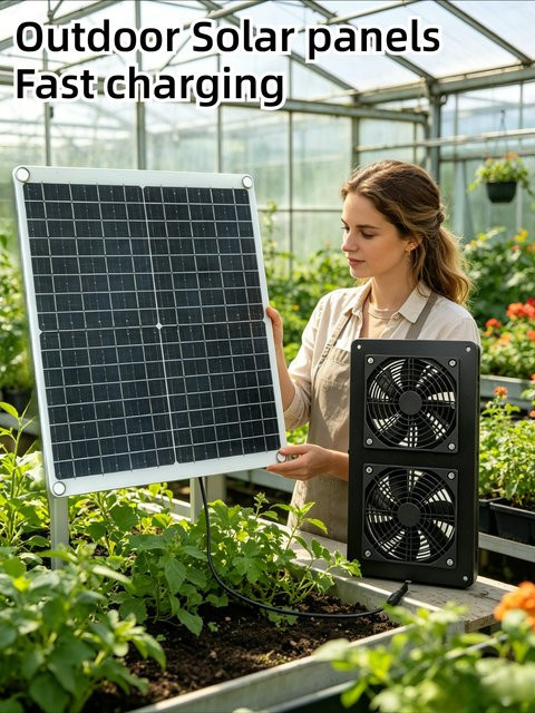 EESBAO 30W Solarbetriebener Doppel-Abluftventilator in Schwarz für Wohnmobile, Gewächshäuser und Hühnerställe - Bild 1