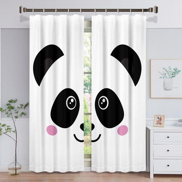 2-teiliges Set Panda Fenstervorhänge mit Cartoon-Bärenmotiv und Laubblättern in Weiß, semi-transparent, Breite: 100 cm, Höhe: 160 cm - Bild 1