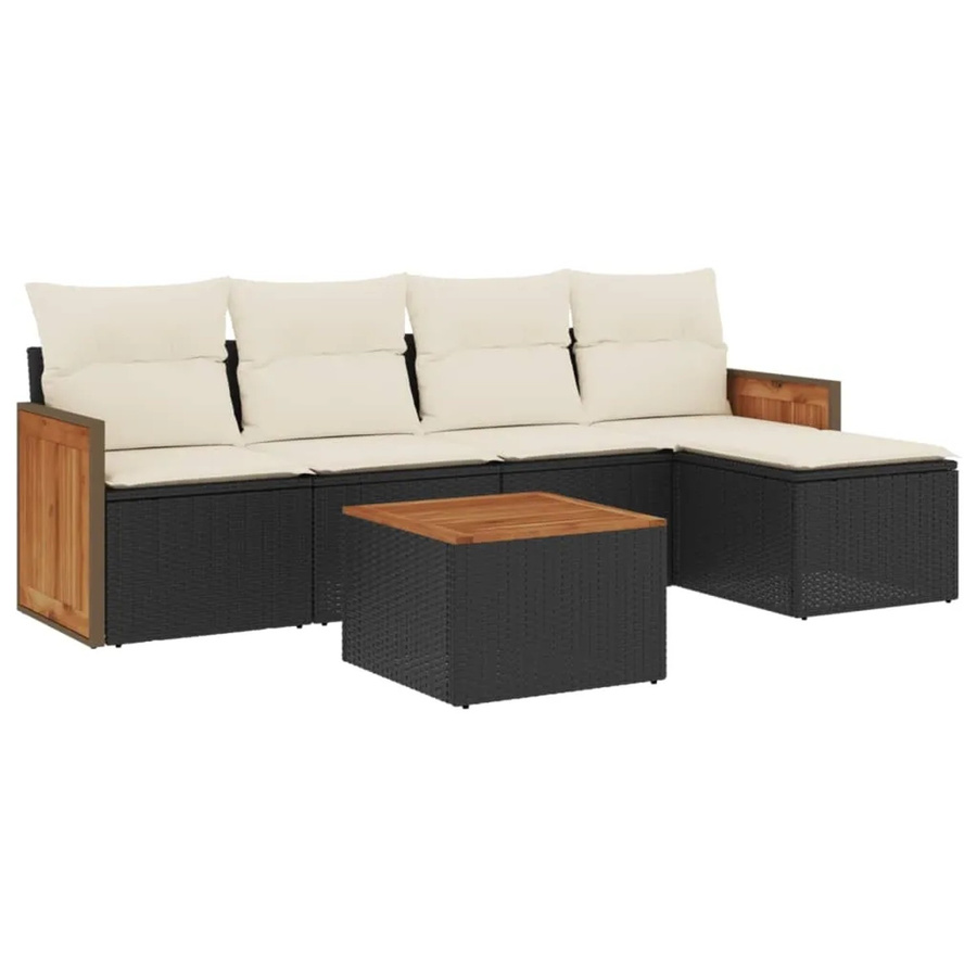 vidaXL 6-teilige Garten-Sofagarnitur aus Poly-Rattan und Akazienholz mit Kissen in Schwarz und Cremeweiß - Bild 2