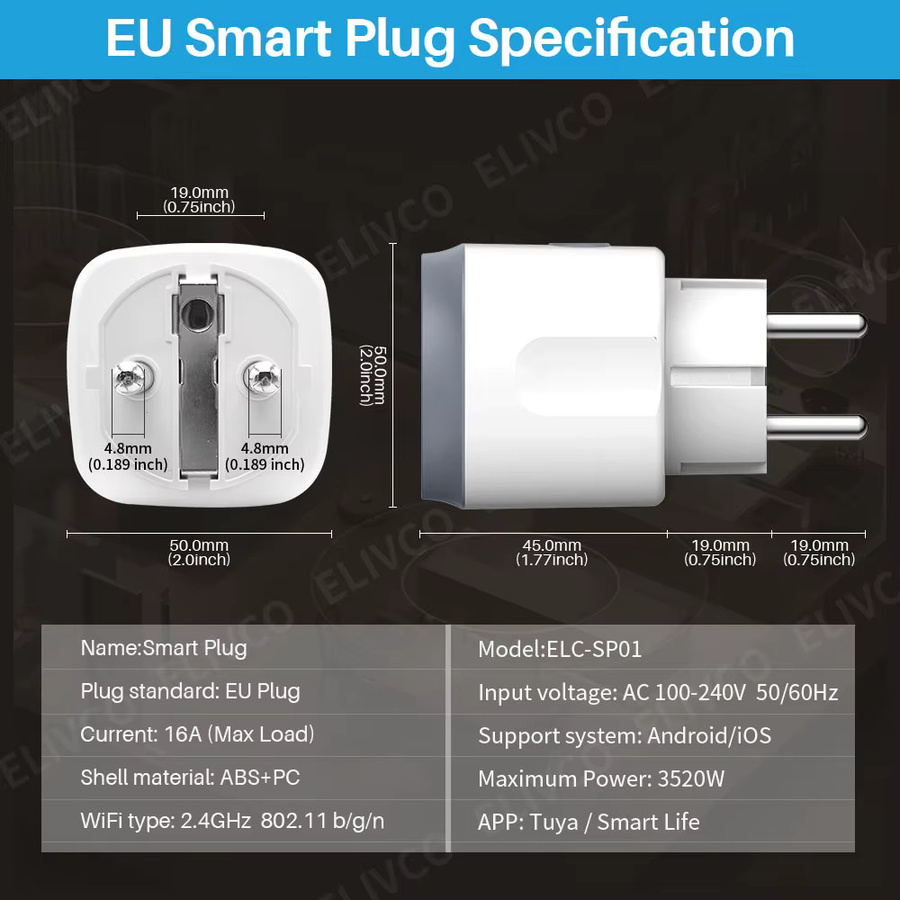 Elivco Tuya Smart Plug WLAN-Steckdose in Weiß mit Zeitsteuerung, Countdown und Energieüberwachung, kompatibel mit Google Assistant, Alexa, Alice und Salute - Bild 2