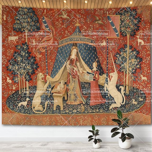 Mittelalterlicher Wandteppich Dame und das Einhorn mit floralem Motiv in Rot als Wandbehang und Raumdekoration - Bild 1