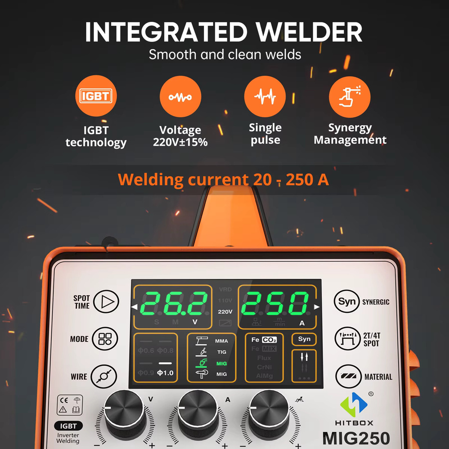 HITBOX MIG250 6-in-1 MIG-Schweißgerät in Orange: Synergic Single Pulse MIG/MMA/Lift TIG/Spot Schweißmaschine für Gas und Gaslos sowie Aluminium, 220V - Bild 2
