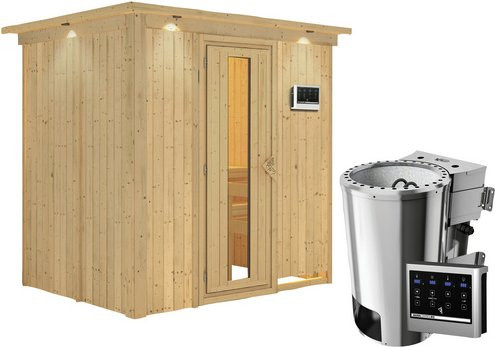 Karibu Sauna Kircholm aus Fichtenholz mit 3,6 kW Saunaofen und externer Steuerung für 3 Personen, Farbe: beige - Bild 1