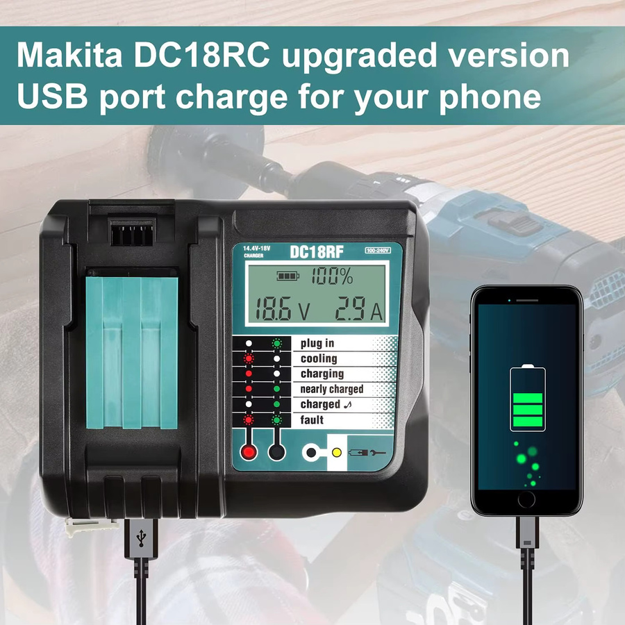 Makita DC18RF Li-Ionen-Akku-Ladegerät mit 3A Ladestrom und USB-Anschluss in Schwarz für 14,4 V und 18 V Elektrowerkzeuge - Bild 4